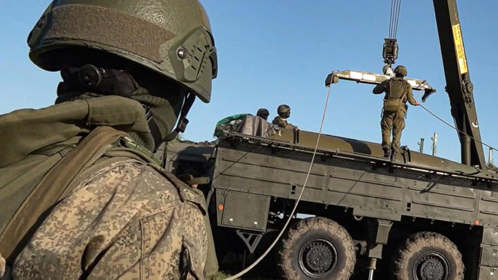 Russian troops prepare a missile launcher for joint Russian-Belarusian drills intended to train the military to use tactical nuclear weapons in this photo taken from video on June 10, 2024, an