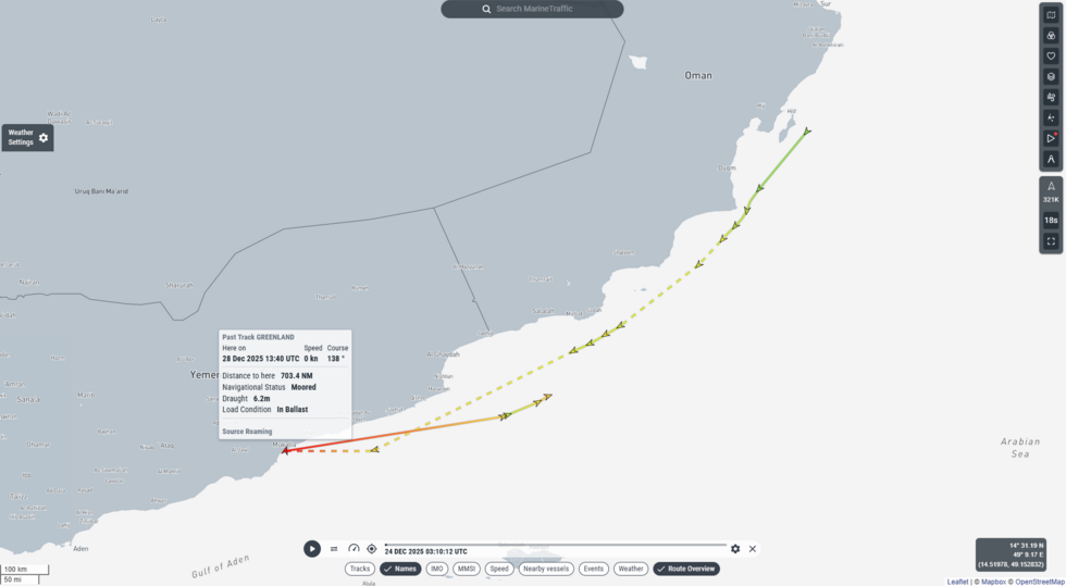 In this screenshot from the MarineTraffic website, the Greenland appears to have departed the port of Mukalla following the attack, suggesting the vessel was not destroyed.