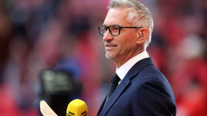 TV pundit and former England captain Gary Lineker is seen inside the stadium before the FA Cup semi-final between Manchester City and Liverpool at Wembley Stadium in London, April 16, 2022.