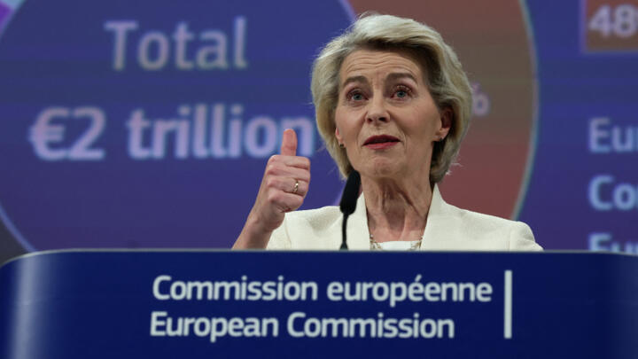 European Commission President Ursula von der Leyen speaks during a press conference on a proposal for the EU's next seven-year budget, in Brussels, Belgium July 16, 2025. 