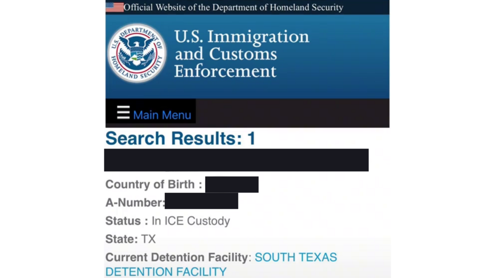 Screenshot from the ICE website showing John's location. Some information has been masked to protect our Observer's identity.