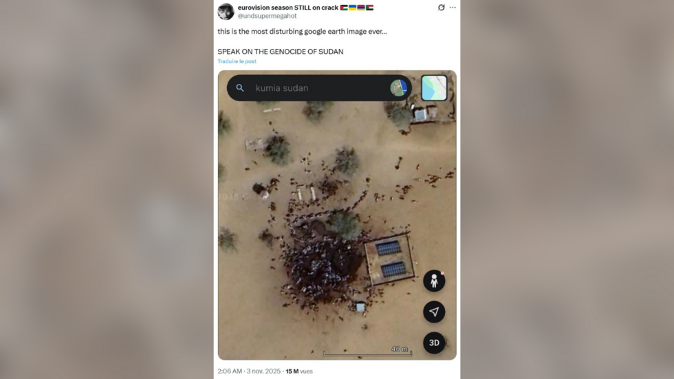 Screenshot (taken on November 5) of a post published on November 3 and viewed more than 15 million times, which claims to show atrocities committed by the RSF.