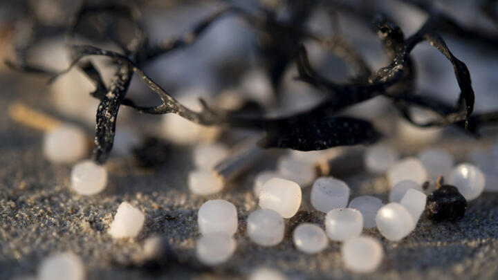 Tiny plastic pellets, also called "mermaid's tears", washed ashore the beaches of Brittany in France in January 2023.