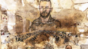 A court sketch showing main defendant Salah Abdeslam drawn over a general view of the courtroom on the last day of the Paris terror attacks trial.