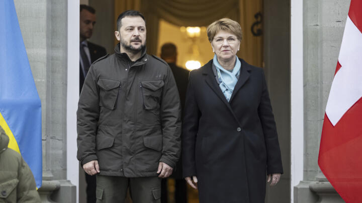 Swiss Federal President Viola Amherd, right, welcomes Ukrainian President Volodymyr Zelensky, left, in Kehrsatz near Bern, Switzerland on January 15, 2024.
