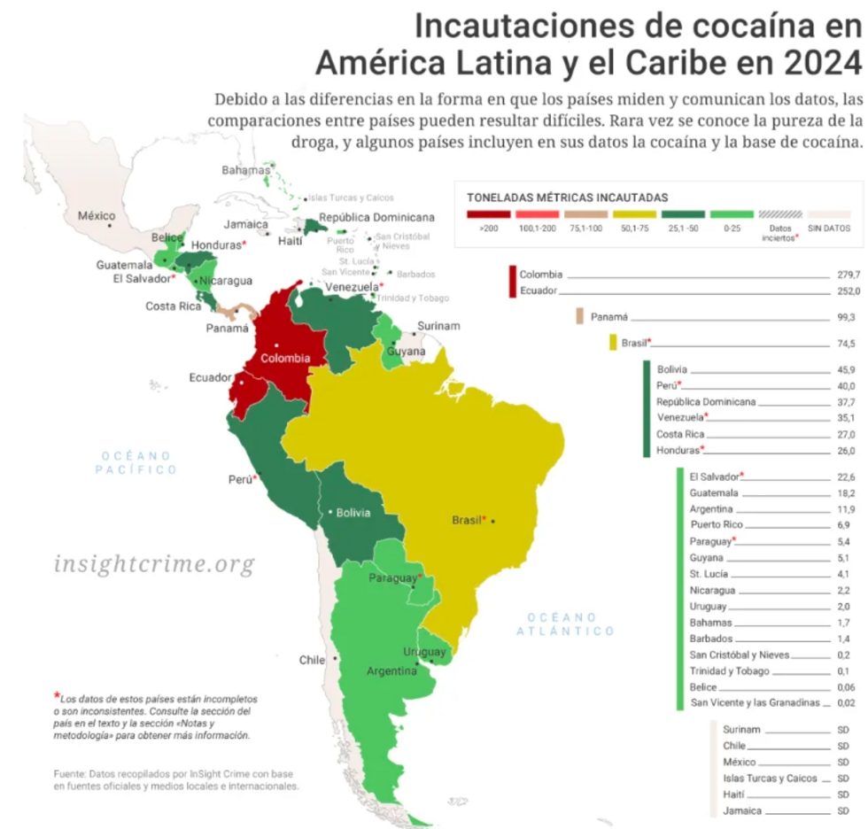 Gráfico realizado por InSight Crime sobre las incautaciones de cocaína en América Latina durante el 2024.
