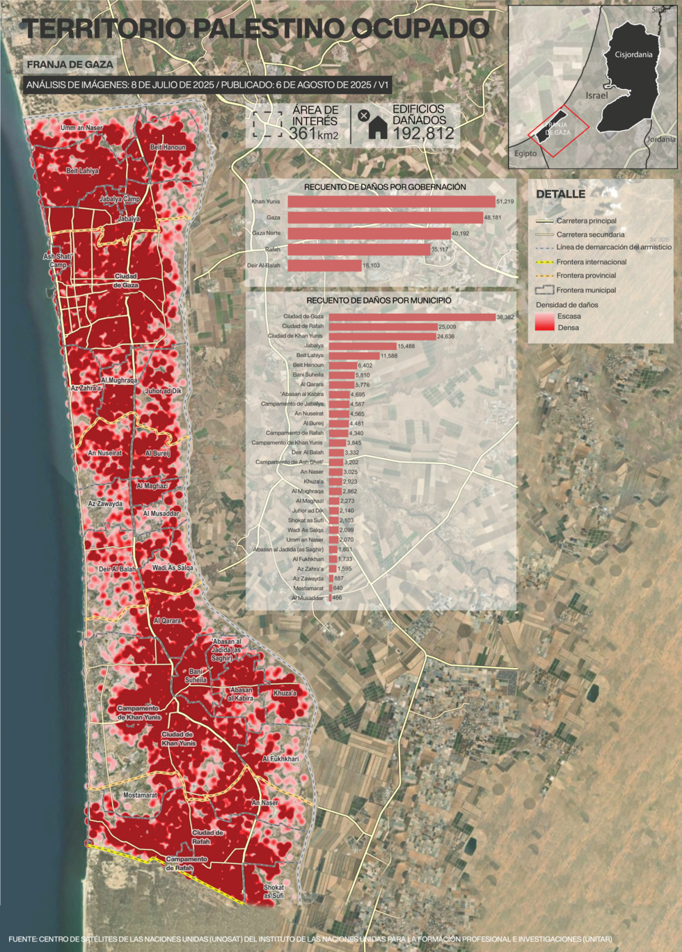 Daño de la infraestructura de Gaza según el Centro de Satélites de las Naciones Unidas (UNOSAT) del Instituto de las Naciones Unidas para la Formación Profesional e Investigaciones (UNITAR)
