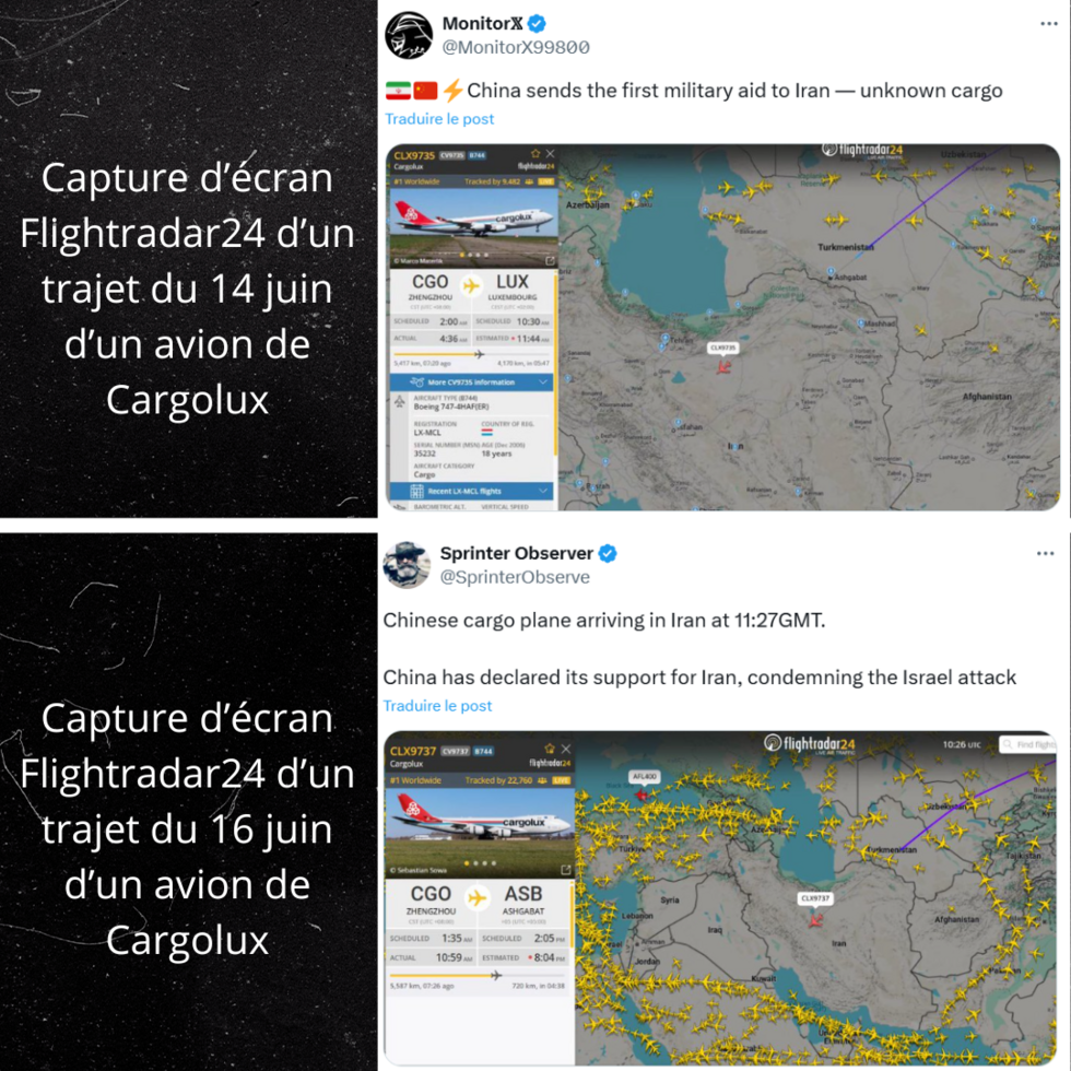 Captures d'écran de l'outil Flightradar24 prises les 14 et 16 juin et censées montrer un avion volant en Iran. En haut, le vol représenté est le vol CLX9735. En bas est représenté le vol CLX9737.