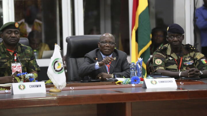 ECOWAS commissioner Abdel-Fatau Musah, centre, speaks during a press briefing following the Extraordinary Meeting of the ECOWAS Committee of Chiefs of the Defence Staff,  Accra, Ghana, August 18, 2023. 