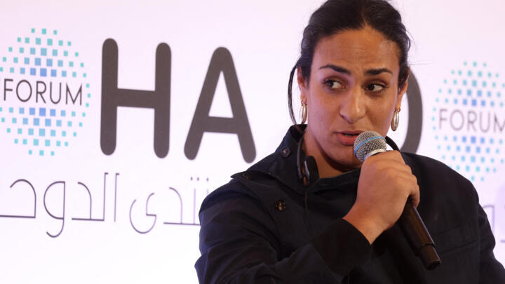 Algerian gold medallist boxer Imane Khelif speaks in Doha on December 7, 2024.