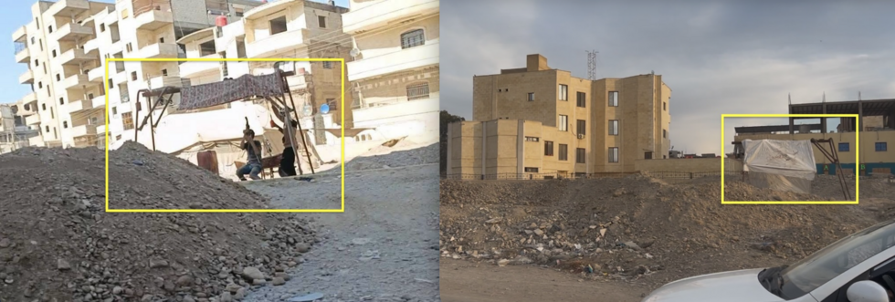 These two images show tunnels under construction in Raqqa. At left is a photo posted on Facebook on August 6, 2025, showing a building site in a residential neighbourhood of the town. At right is a photo taken by a resident in November 2025 showing another building site behind a building that houses several trade unions.