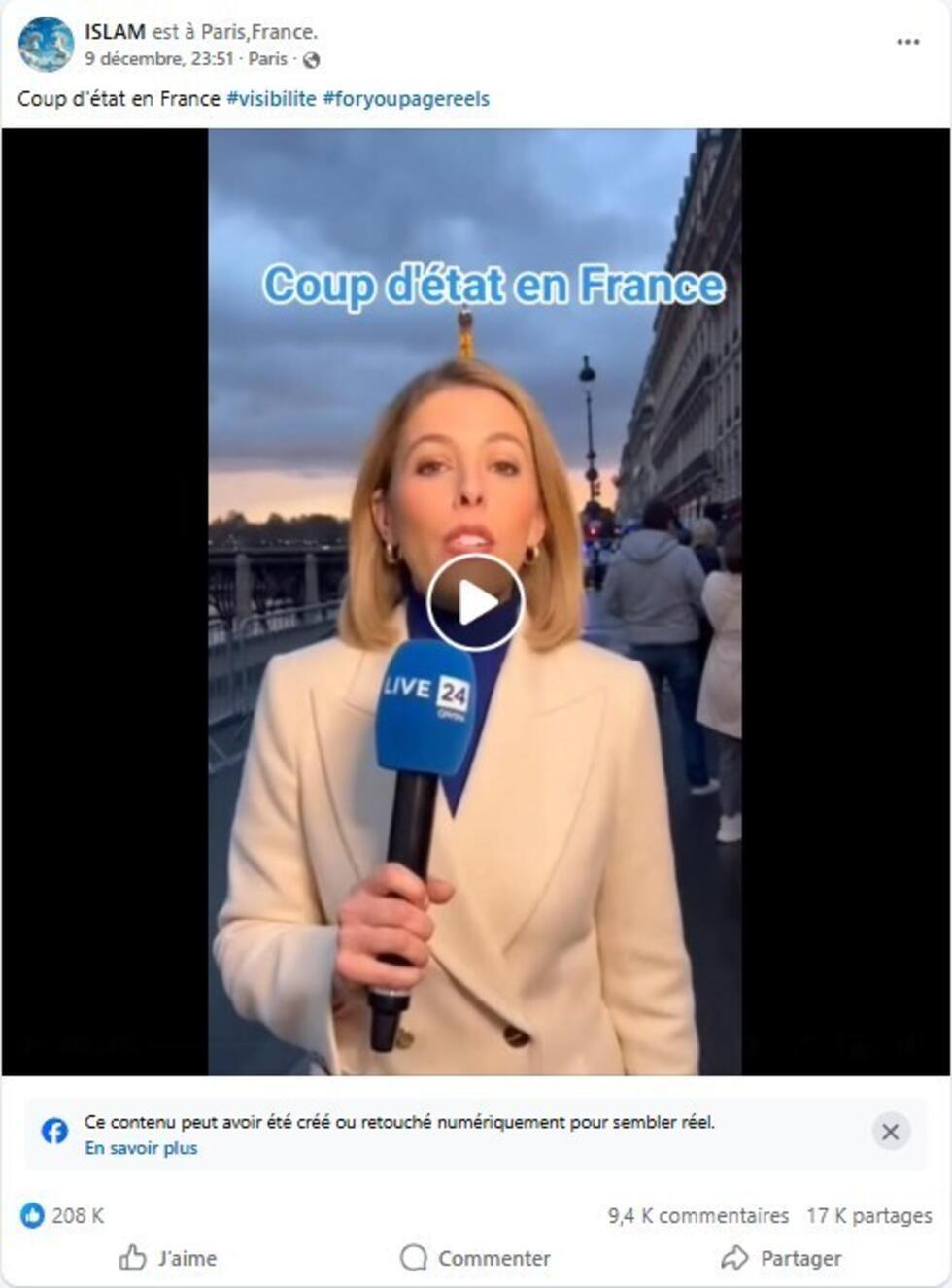 La vidéo d'une prétendue journaliste de "Live 24" annonçant un coup d'Etat en France a été créé par IA.
