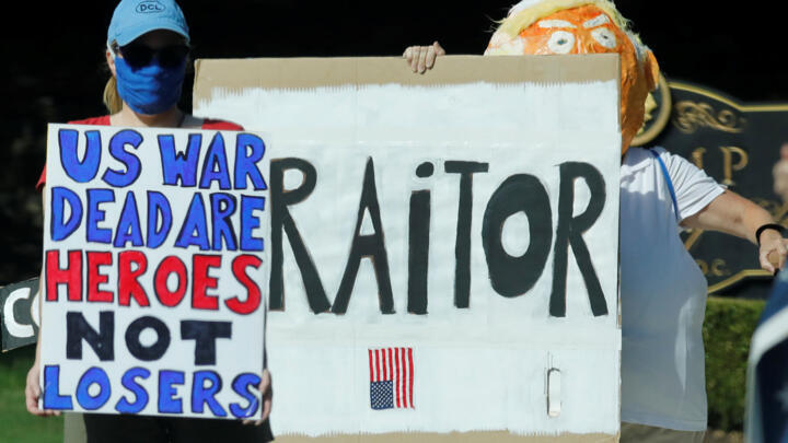 Protesters gather outside Trump National Golf Club in Sterling, Virginia, USA, on September 5, 2020.