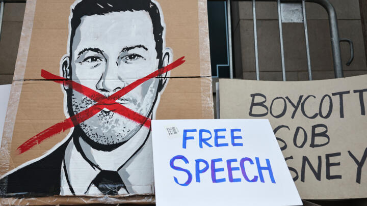 Signs by demonstrators protesting the suspension of the Jimmy Kimmel show are left next to the El Capitan Entertainment Centre in Los Angeles on September 18, 2025.