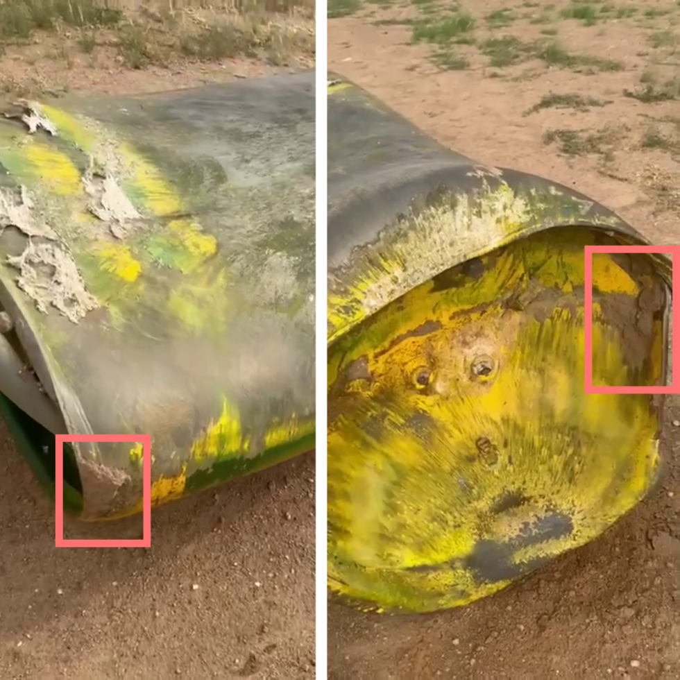In these stills taken from videos showing the barrel found on September 5, 2024, at the Garri military base, soil can be seen lodged at both ends of the cylinder.