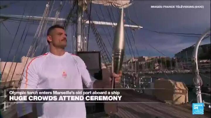 Olympic torch arrives in Marseille after 12-day sea journey from Greece