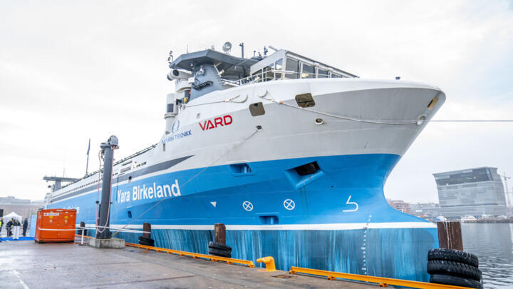 The world's first self-propelled, electric container ship MV Yara Birkeland is moored at Langkaia in Oslo, on November 19, 2021. 