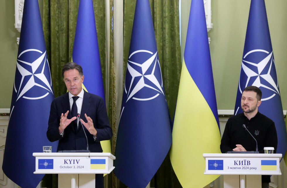 El nuevo secretario general de la OTAN, Mark Rutte, y el presidente ucraniano, Volodímir Zelenski, durante la conferencia de prensa conjunta tras su reunión en Kiev, Ucrania, el 3 de octubre de 2024.