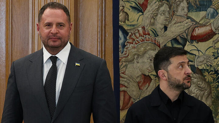 photo of Ukrainian President Volodymyr Zelensky and his top aide Andriy Yermak taken at the Zarzuela Palace in Madrid. 