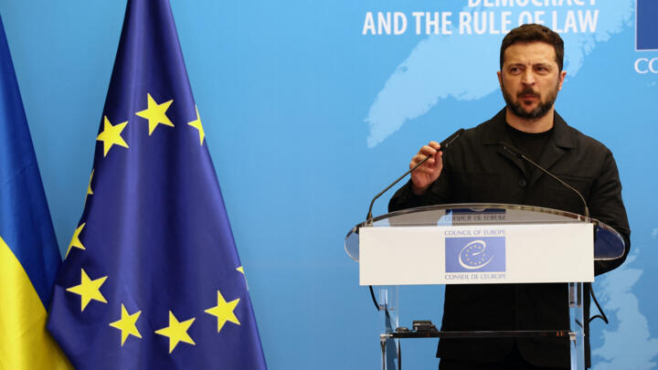 Ukraine's President Volodymyr Zelensky speaks in Strasbourg, eastern France, on June 25, 2025.