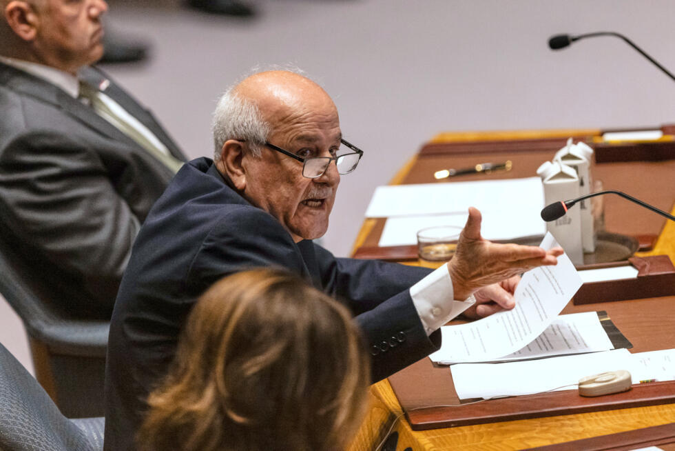 Riyad H. Mansour, Palestinian Permanent Observer to the United Nations speaks at a UNSC meeting at UN headquarters, Sunday Aug. 10, 2025.