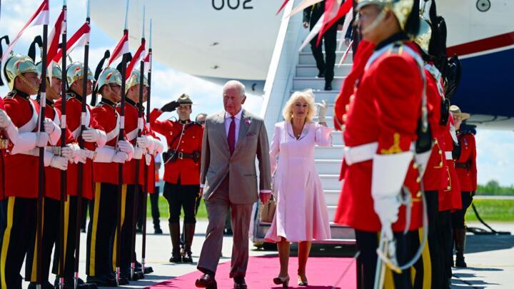 King Charles III and Queen Camilla arrive at Ottawa Airport during an official visit to Canada on May 26, 2025 in Ottawa, Canada.