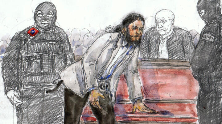 A courtroom sketch made on February 7, 2018 shows prime suspect in the November 2015 Paris attacks Salah Abdeslam during his trial at the Palais de Justice courthouse in Brussels.