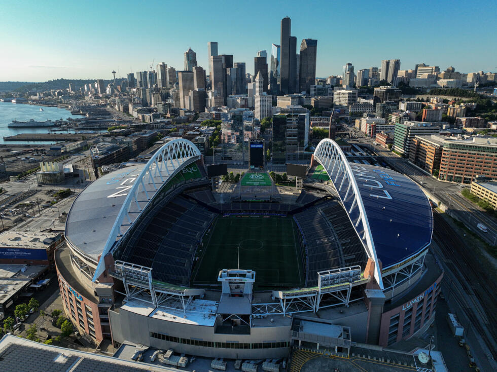 Vue aérienne générale du Lumen Field, hôte de la Coupe du Monde de la FIFA 2026 et lieu de la finale, le 28 juin 2023 à Seattle, Washington.
