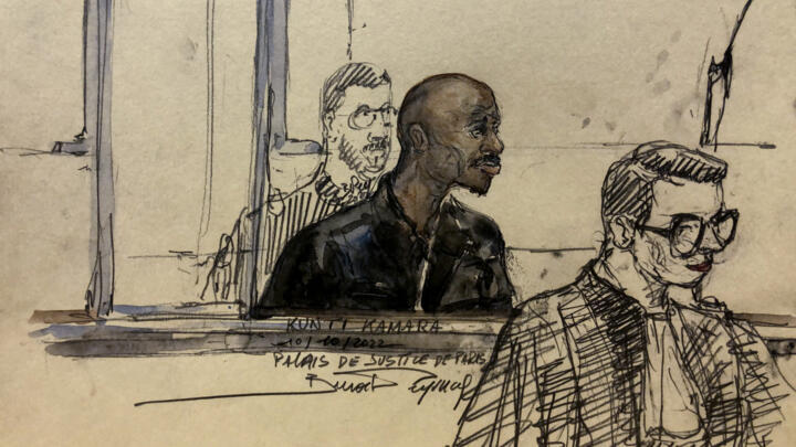 A court-sketch shows former regional commander of the United Liberation Movement of Liberia for Democracy (ULIMO), Kunti Kamara, facing charges of crimes against humanity, October 10, 2022.