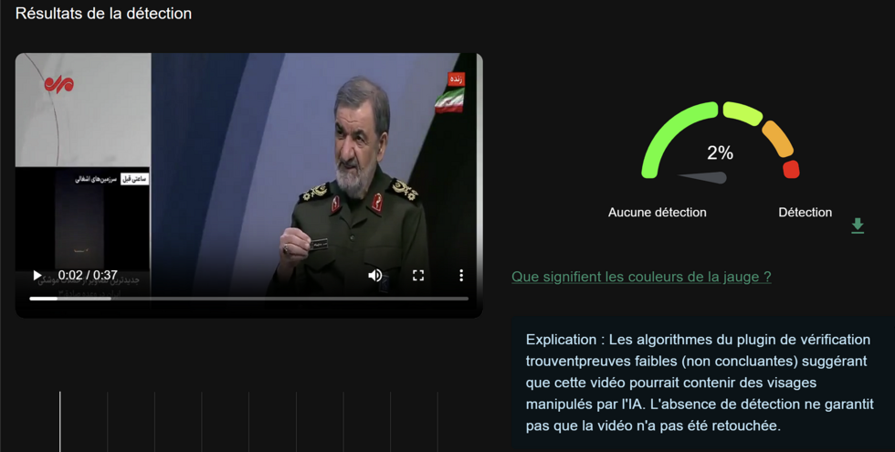 Le logiciel Invid indique que la vidéo originale de l'interview en persan n'a pas été générée par IA.