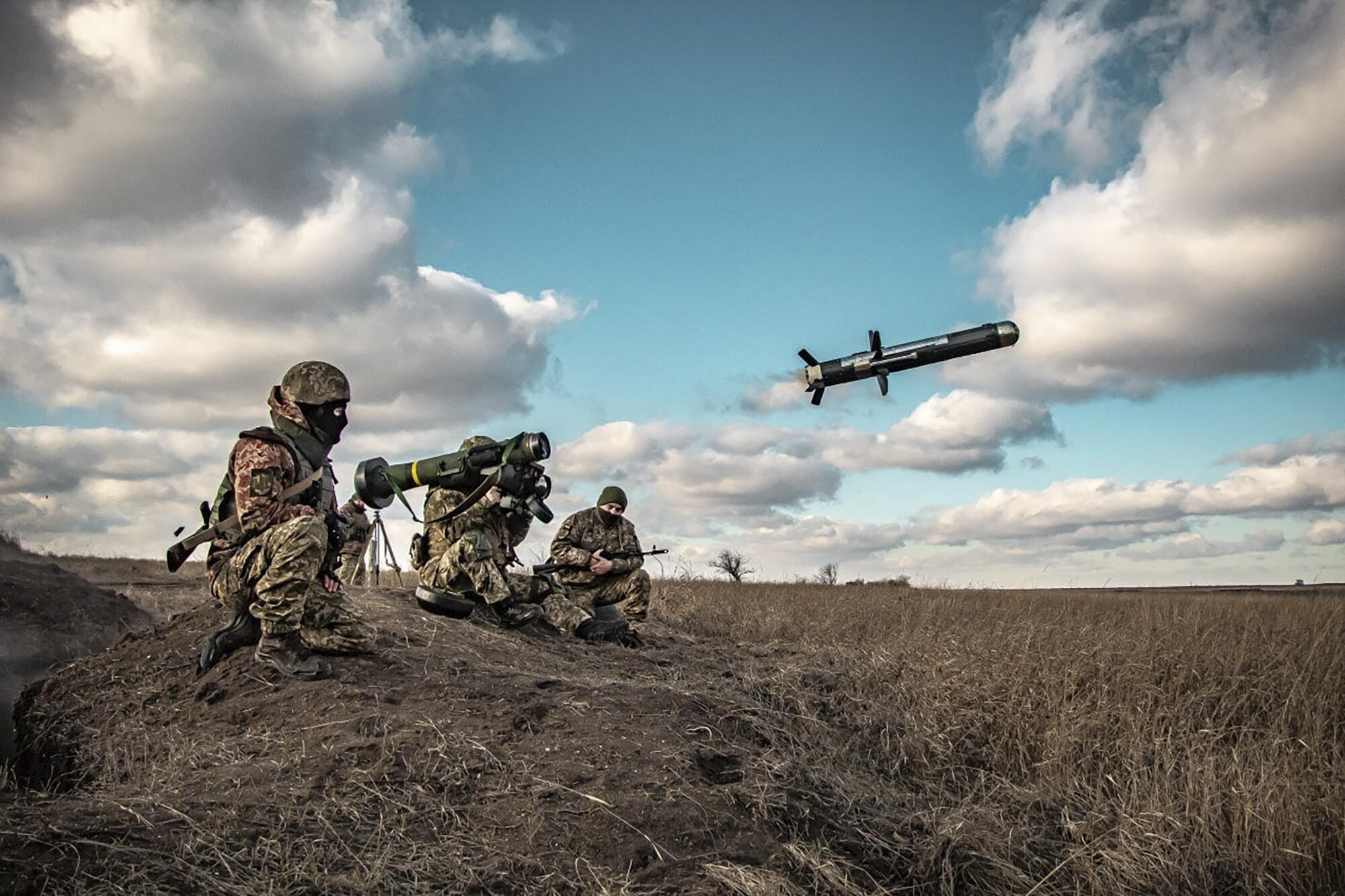 This image, released by the press service of the Ukrainian Ministry of Defense, shows Ukrainian soldiers using a US javelin missile during a military exercise in the Donetsk region of Ukraine on Thursday, December 23, 2021.