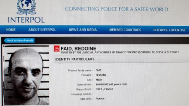 A reproduction of the Interpol website showing the search sheet for French armed robber Rédoine Faïd, who escaped from prison in Réau (Seine-et-Marne) on July 1, 2018.