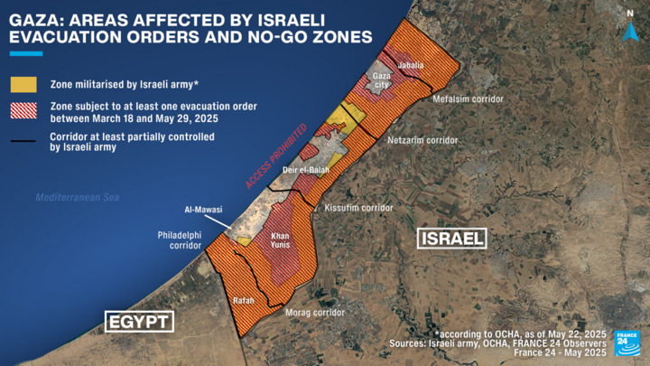 Carte représentant les zones interdites et les secteurs soumis à des ordres d’évacuation dans la bande de Gaza entre le 18 mars et le 29 mai 2025.