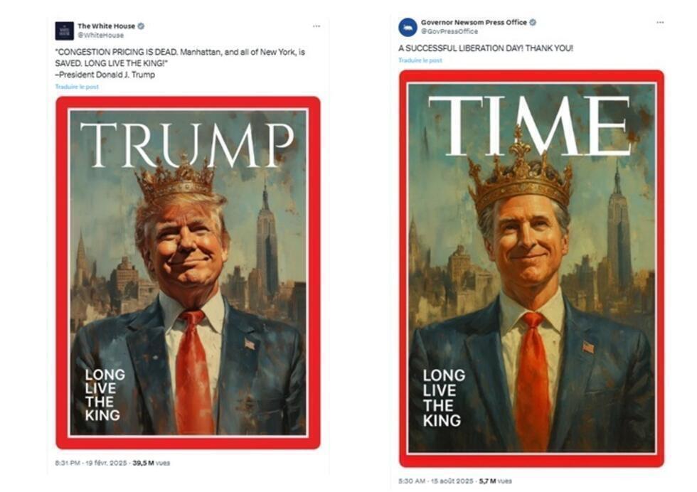 On the right, the fake Time cover published on August 15, 2025, by Newsom's press office; on the left, another fake Time cover published by Trump on February 19, 2025.