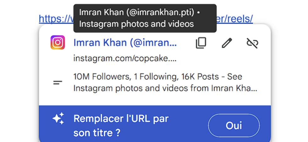Le profil de copcake.her affiche comme aperçu le profil de l'ancien Premier ministre pakistanais Imran Khan.