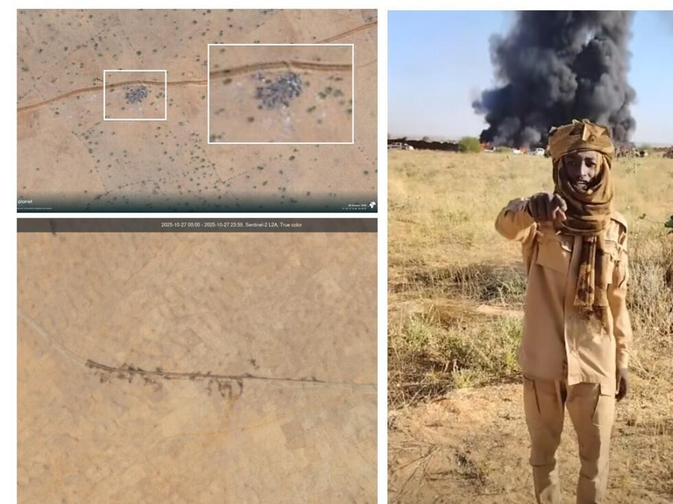 Right: A screenshot from a video, released on October 27, 2025, shows a soldier in a uniform frequently associated with the RSF posing in front of a convoy of burning vehicles. Left: Two satellite images, dated October 27 and October 29, 2025, show the remnants of the same convoy.