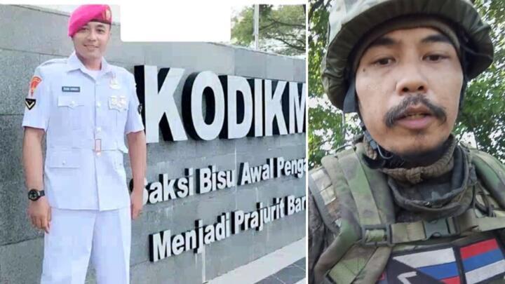 Left: a photo posted on TikTok on May 7 shows Satria Arta Kumbara wearing his Indonesian uniform. Right: a screenshot from a video published on TikTok on July 7 shows him in the Russian uniform.