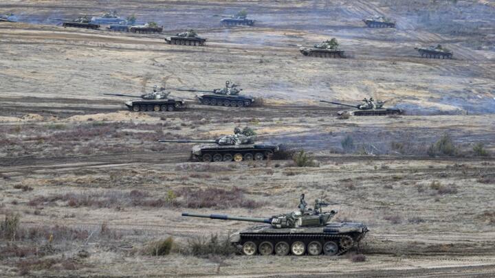 Tanks participate in Russian-Belarusian military drills at the Obuz-Lesnovsky training ground in Belarus on Feb. 19, 2022.