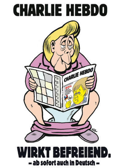 Angela Merkel reads Charlie Hebdo while sitting on the toilet. The title reads "Charlie Hebdo has a liberating effect - from now on also in German". 