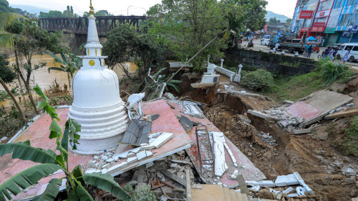 A stupa damaged in the landslides in Gampola, Kandy district, Sri Lanka.