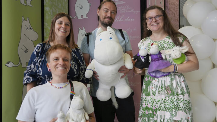 Finland Moomins Fans celebrate the 80th anniversary of the publication of the Finnish children's classic, "The Moomins and The Great Flood," in Tampere, Finland, Saturday, Aug. 9, 2025.