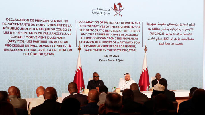 Representatives from DRC, Qatar and M23 attend the signing ceremony for a declaration of principles to end fighting in eastern Congo in Doha, Qatar, July 19, 2025.