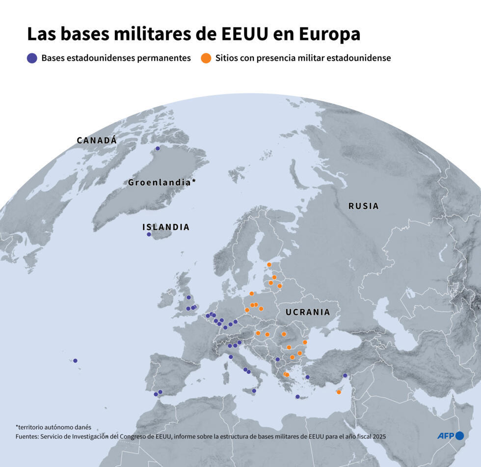 Mapa de Europa que muestra las principales bases militares y lugares con presencia militar estadounidenses