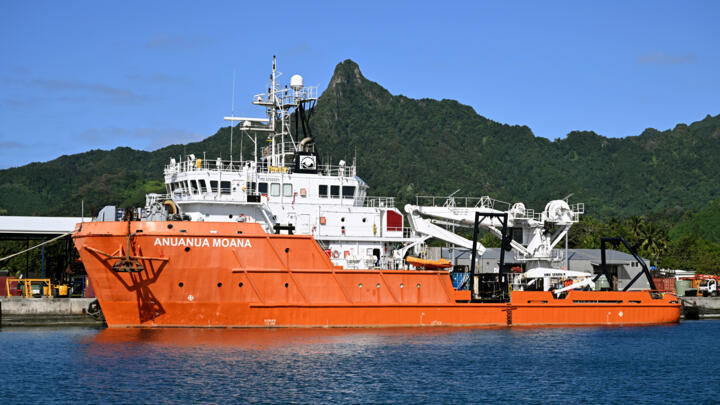 The research ship MV Anuanua Moana is pictured at a port in Rarotonga, Cook Islands, during an expedition to far-flung South Pacific waters in June 2025, spearheading efforts to dredge the tropical wa