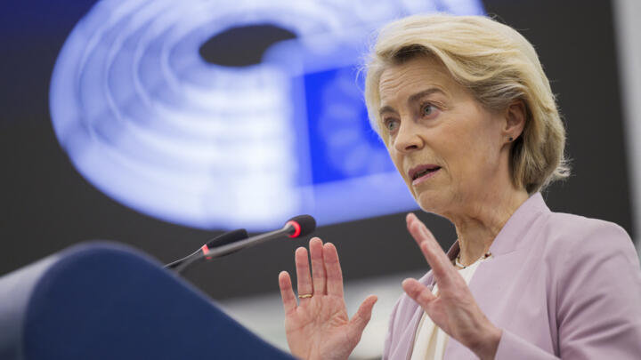 European Commission President Ursula von der Leyen gives a speech during a plenary session at the European Parliament, in Strasbourg on July 9, 2025. Von der Leyen on July 7, 2025 dismissed a far-right sponsored motion of no confidence against her as a conspiracy theory-laden attempt to undermine European unity, ahead of a vote that casts renewed scrutiny on her leadership.