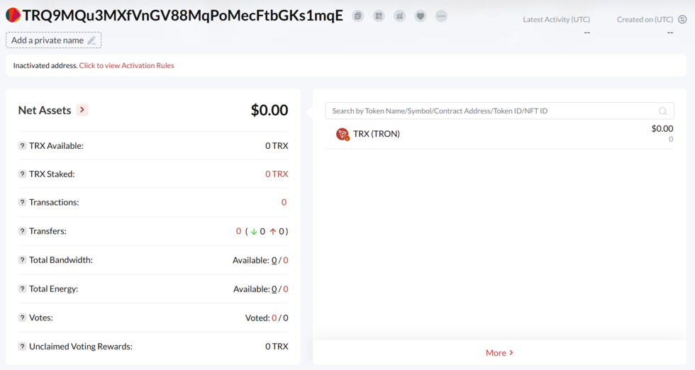 The Normandie-Niemen unit’s cryptocurrency portfolio showed that there had been zero transactions and zero transfers. The balance was zero dollars in August 2025, four months after it was created.