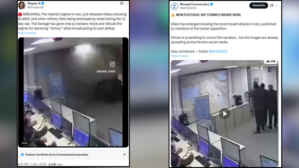 Screenshots of X posts that are circulating the videos allegedly showing new images of damage in Iran. Only one of the four clips is real.