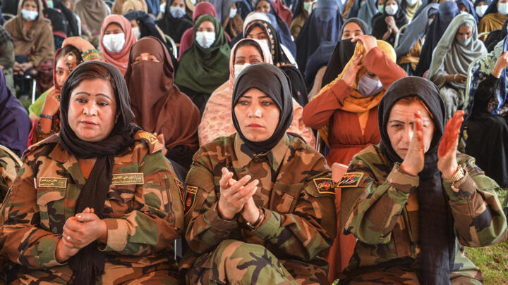 Women attend an event to celebrate International Women's Day in Jalalabad, Afghanistan, on March 8, 2021.