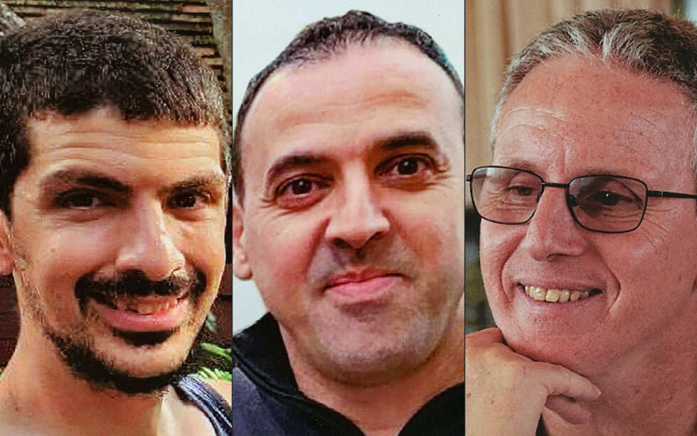 Ce montage combine les portraits des trois otages israéliens (G à D) Or Levy, Eli Sharabi and Ohad Ben Ami, enlevés à Gaza le 7-Octobre et qui doivent être libérés le 8 février 2025 en échange de détenus palestiniens en Israël.