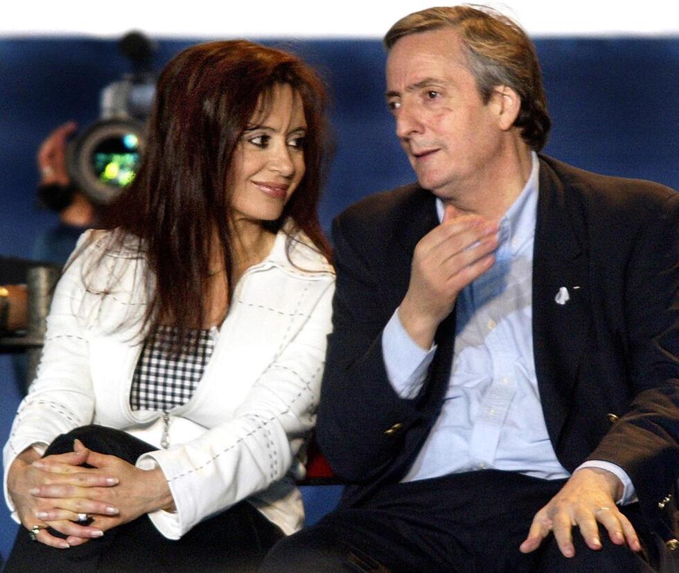 Néstor Kirchner, and his wife Cristina Fernández de Kirchner on April 2, 2003 during a campaign rally at the Monumental stadium in Buenos Aires.
